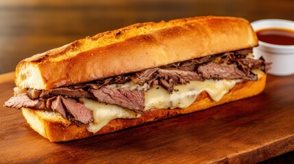 Roast Beef and Cheese Sandwich on a Wooden Board