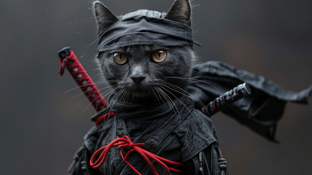 Cat dressed as a ninja with a serious expression.