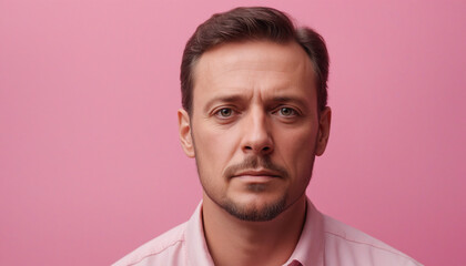 Obraz premium Portrait adulte homme brun employé fatigué déprimé fond rose entretien embauche.