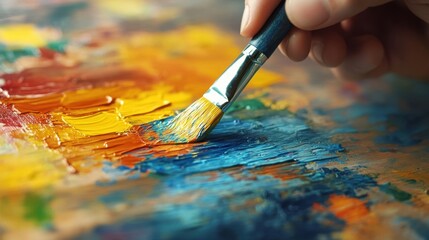 Fototapeta premium Artist Mixing Paint on Palette with Brush Close up
