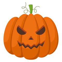Spooky Halloween pumpkin with angry face expression. Vector illustration of cartoon character. Hand drawn colorful autumn pumpkin isolated on white background.