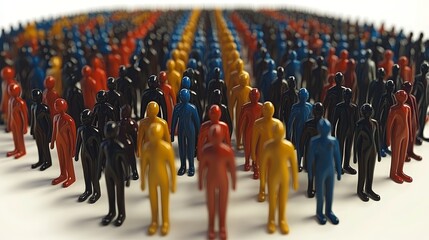 Colorful miniature figures standing in organized rows, symbolizing diversity, teamwork, and community.