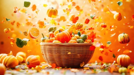 Naklejka premium Autumn leaves falling on pumpkins in basket over orange background