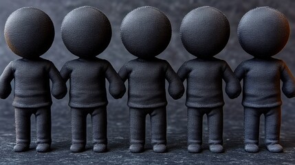 Obraz premium Five minimalist figurines stand in a line, symbolizing unity and collaboration against a textured dark background.
