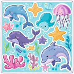 A sticker sheet featuring cute and colorful sea creatures