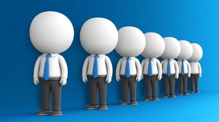 Line of cartoon figures in business attire against a blue background, representing teamwork and professionalism.