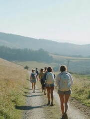 Obraz premium Diverse Group Hiking Scenic Trail in Early Morning Light on Camino de Santiago