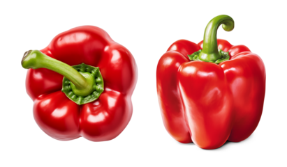 Fresh red bell peppers with green stems isolated on white background