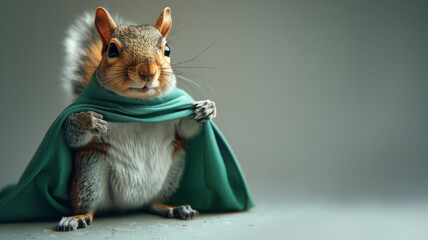 Squirrel wearing a green cape, looking heroic and whimsical.