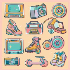 sticker sheet with a vintage aesthetic, featuring retro icons