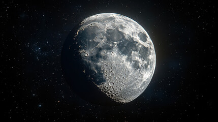 Fototapeta premium Stunning Close-Up of the Moon's Surface in Space, Capturing Detailed Craters and Shadowed Regions, Ideal for Astronomy, Space Exploration Themes, and Cosmic Backgrounds