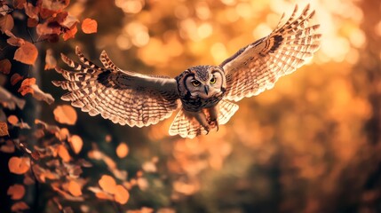 An Owl in Flight with Autumn Leaves Blurred in the Background