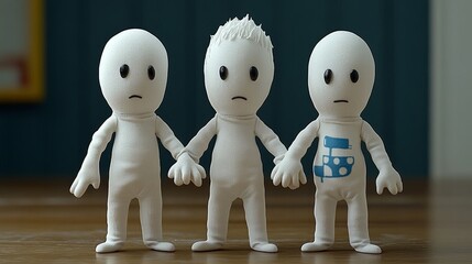 Obraz premium Three toy figurines holding hands, featuring different designs, representing friendship and unity in a playful setting.