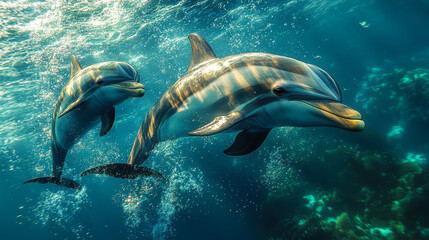 Fototapeta premium Graceful Pair of Dolphins Swimming Together in the Clear Blue Ocean, Showcasing Playful Interactions and Bonding Amidst Sunlit Underwater Scenery