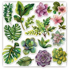 A sticker sheet with a botanical theme, featuring different types of leaves, flowers, and succulents