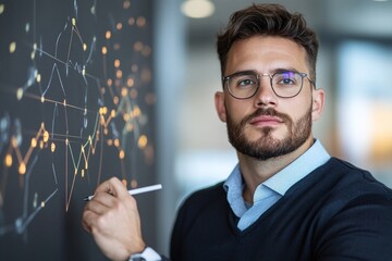 Business professional drawing network diagrams on a glass board, symbolizing strategic planning, data analysis, and innovation in technology and corporate settings. Ideal for tech startups and busines