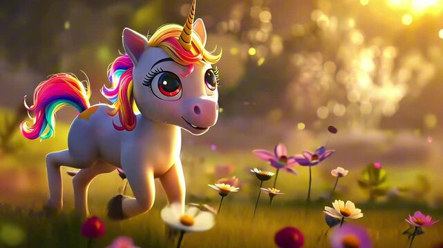 Cute cartoon unicorn with rainbow mane prancing through a magical motion field of blooming flowers and glowing sparkles