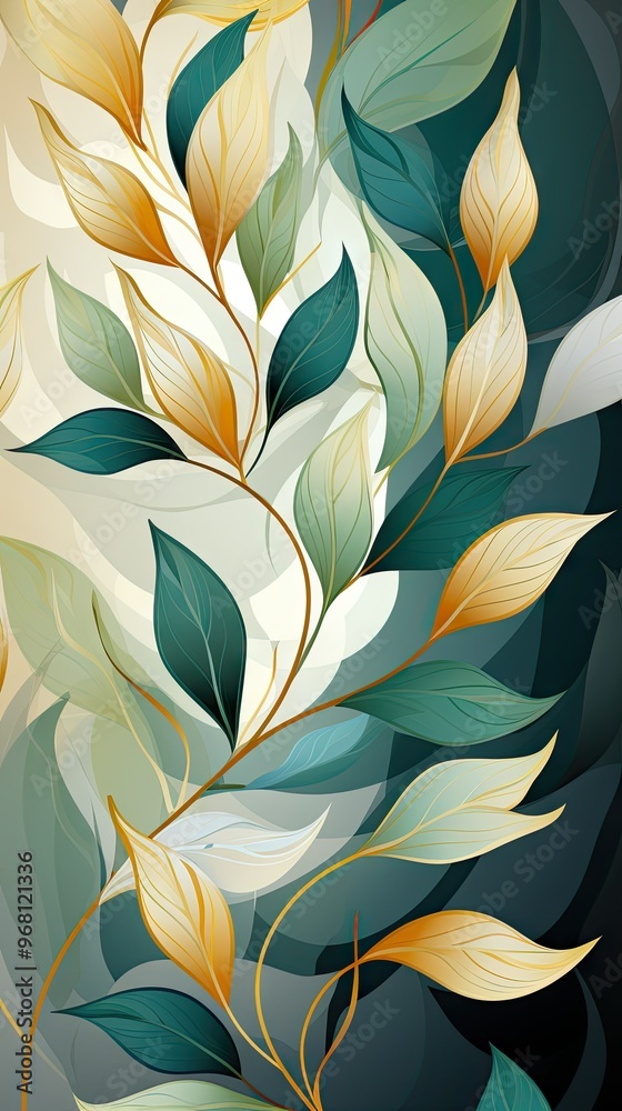 Sticker abstract green and gold leaves