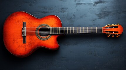 Fototapeta premium A beautifully crafted acoustic guitar with a vibrant orange finish, perfect for music lovers and artistic compositions.