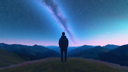 Obraz premium Solitary Traveler Contemplating Starry Night Sky from Mountain Peak Under Milky Way