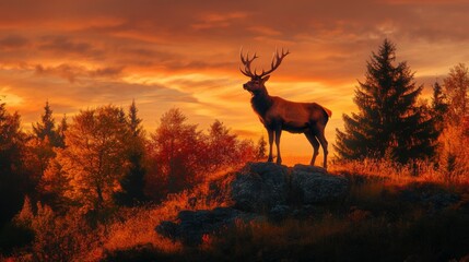 Naklejka premium Majestic Red Deer Standing on a Rocky Outcrop at Sunset