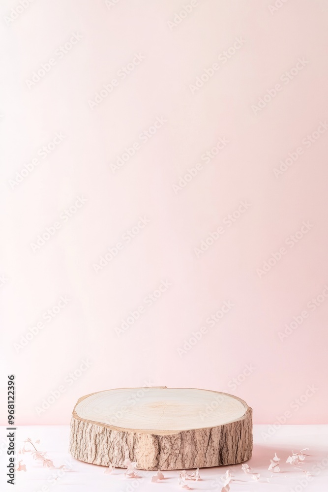 Poster minimalist textured wood podium on pastel pink gradient background with floating particles
