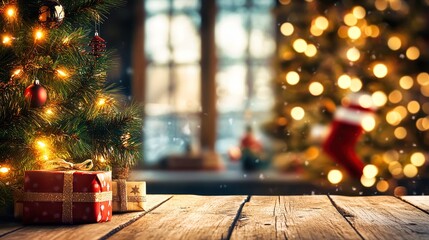 Christmas presents resting on a wooden table with christmas tree lights blurred in background
