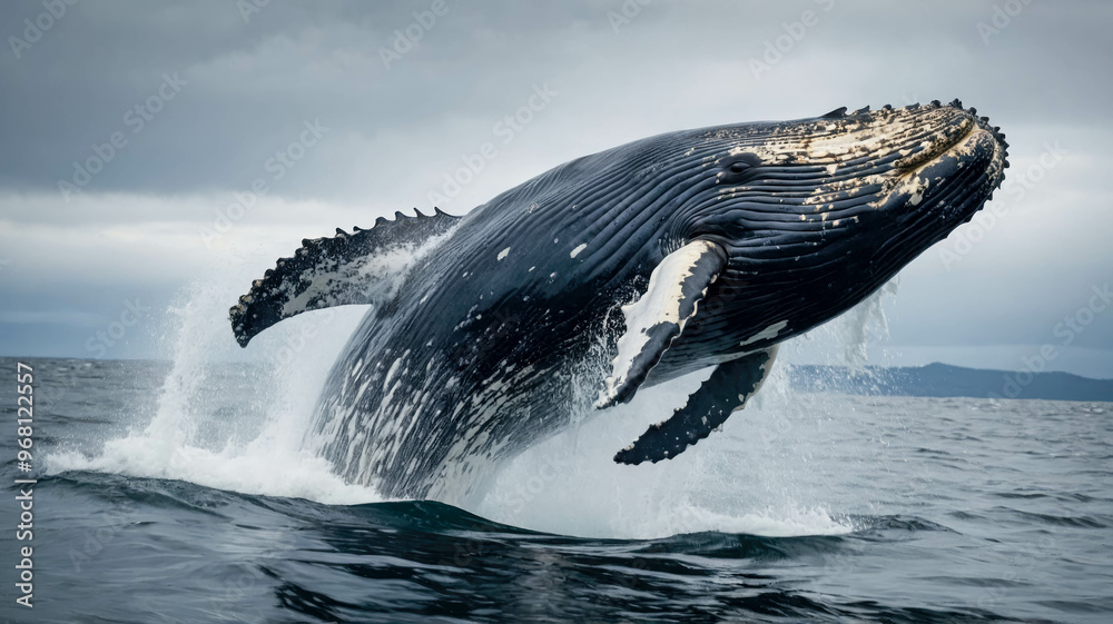 Wall mural A humpback whale breaches the ocean, displaying its massive body as water cascades off its fins