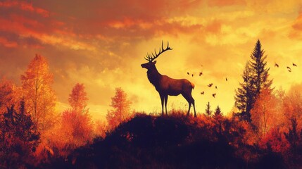 Naklejka premium A Silhouetted Elk Stands on a Hilltop with Fall Foliage and a Sunset Sky