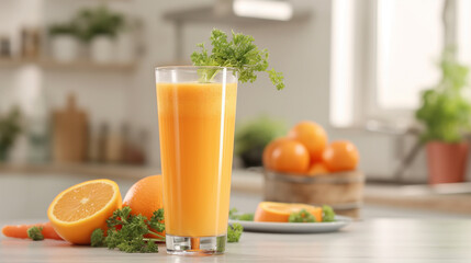 Fototapeta premium A vibrant orange and carrot juice blend, served in a tall glass with a sprig of parsley. The background is a bright, modern kitchen with soft morning light. Bright oranges and fresh greens