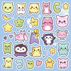 A sticker sheet featuring a variety of cute animals, including cats, pandas, and sloths