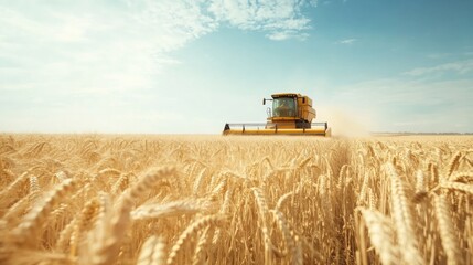 Fototapeta premium Combine Harvester in Action on a Sunny Autumn Day in a Golden Wheat Field