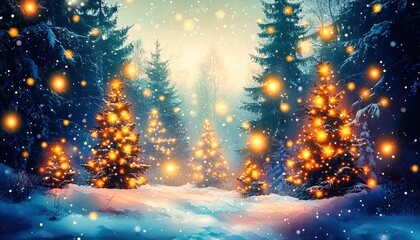 Fototapeta premium Christmas trees with fairy lights glowing in a snow covered forest