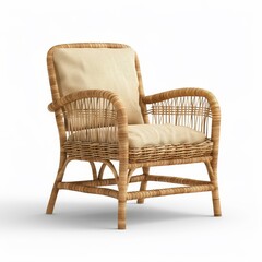 Wicker lawn chair, patio furniture, realistic 3D render, natural material, isolated on white background.