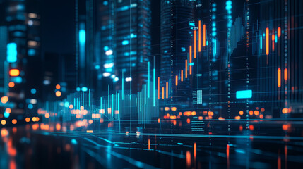 Naklejka premium A stock market graph with an upward trend on the background of city lights at night, displaying real-time global financial data and rising candlestick charts, 