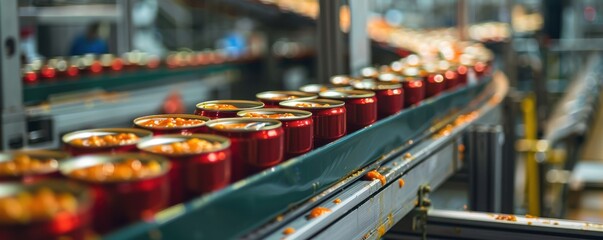 A production line in a canned food factory, with rows of sealed cans moving along a conveyor belt under industrial lighting. Free copy space for banner.