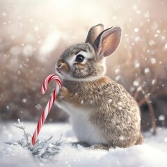 A cute rabbit holding a candy cane in a snowy landscape.