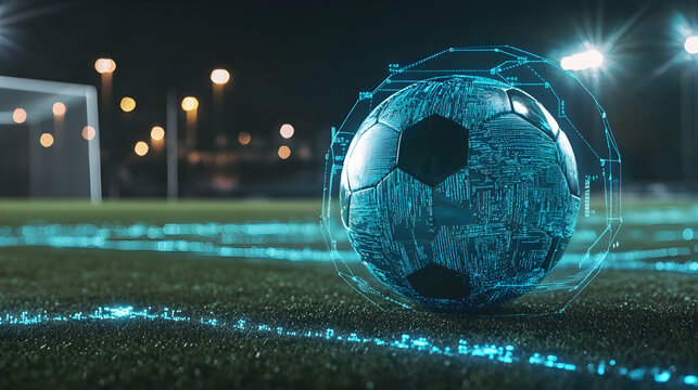 Dynamic soccer ball on a field with digital analysis graphics during an evening match, depicting real-time sports data analytics