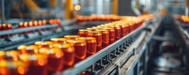 A production line in a canned food factory, with rows of sealed cans moving along a conveyor belt under industrial lighting. Free copy space for banner.