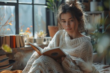 A young woman sitting on a windowsill, reading a book 