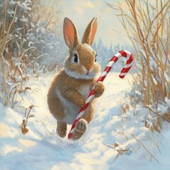 A cute rabbit joyfully running through the snow while holding a candy cane.