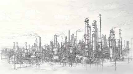 Industrial Complex Sketch: A Graphite Rendering of a Refinery