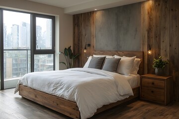 Cozy urban bedroom with rustic wooden decor and city views