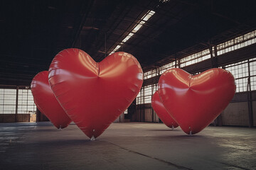 Large heart-shaped balloons, creative art installation, AI generated