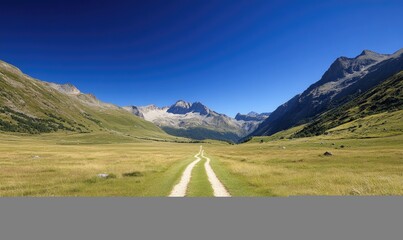 Scenic Landscape: Clear Blue Sky, Meadow, and Path Leading to Majestic Mountains