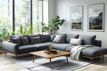 Fototapeta premium Modern scandinavian living room with gray sofa and wooden coffee table