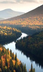 Fototapeta premium Tranquil Autumn Landscape Vibrant Foliage and Serene River in Rolling Hills