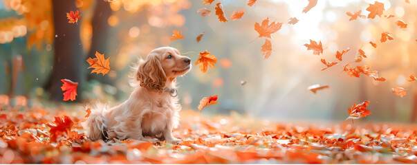 Cute spaniel puppy looking onto falling autumnal leaves. Autumn theme.