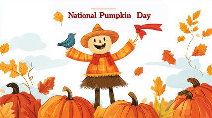 Illustration. National Pumpkin Day logo, red ribbon with text "National Pumpkin Day", flat design, simple shapes, warm colors, white background. Scarecrow holding a bird in its hand, standing atop pum