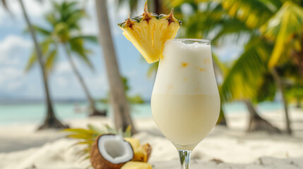 A refreshing pina colada with a pineapple wedge and coconut garnish, served in a tall glass. The background is a tropical resort with palm trees and white sand beaches. Creamy whites and bright yellow